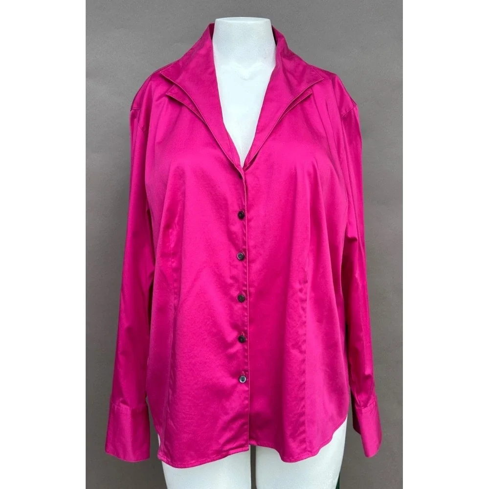Talbots Fuchsia Pink Blouse 20W Button Up Layered Collar Cotton Stretch Academia
